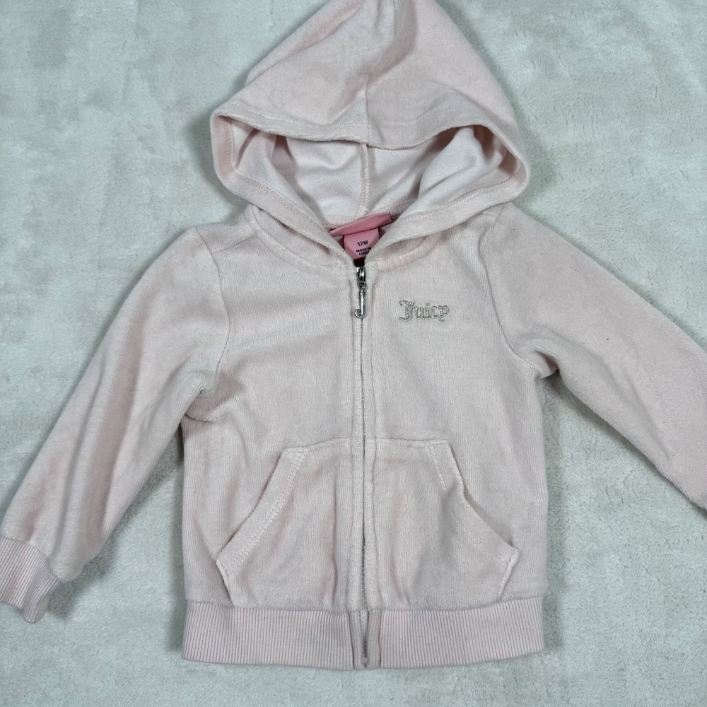 Juicy Couture Baby Girl Velour Hoodie Zip Up Jacket Pink 12 Months Glitter‎